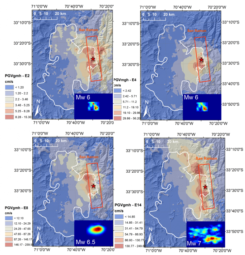 Examples of seismic scenarios in the Santiago metropolitan area, San Ramon fault.