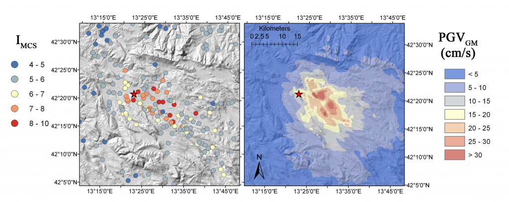 Comparison between observed values of MCS intensity and simulated PGVGM (geometric mean) in the epicentral area of L'Aquila mainshock.