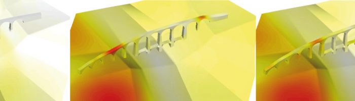 Snapshots (t = 0.3, 0.6 and 0.9 s, from left to right) of the simulated displacement of the Acquasanta viaduct.