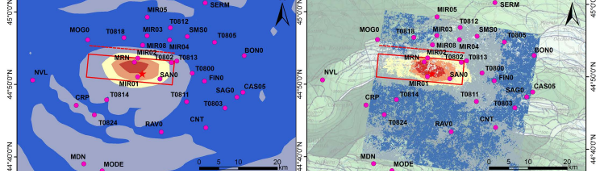 Map of permanent ground uplift simulated by SPEED (left) and observed by COSMO-SkyMed InSAR processing (right).